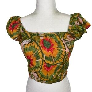 Cynthia Rowley Tropical Floral Crop Top Green Yellow Flutter Sleeves Size M